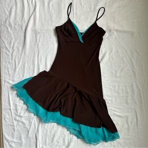 Brown and Turquoise Spaghetti Strap Asymmetrical Ruffled Hem Dress